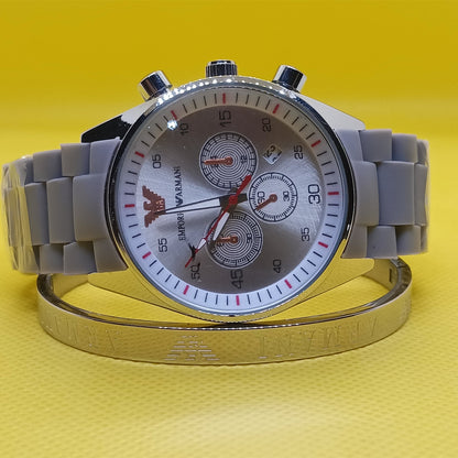 Armani Signature Set – Silver Chronograph Watch & Engraved Bracelet