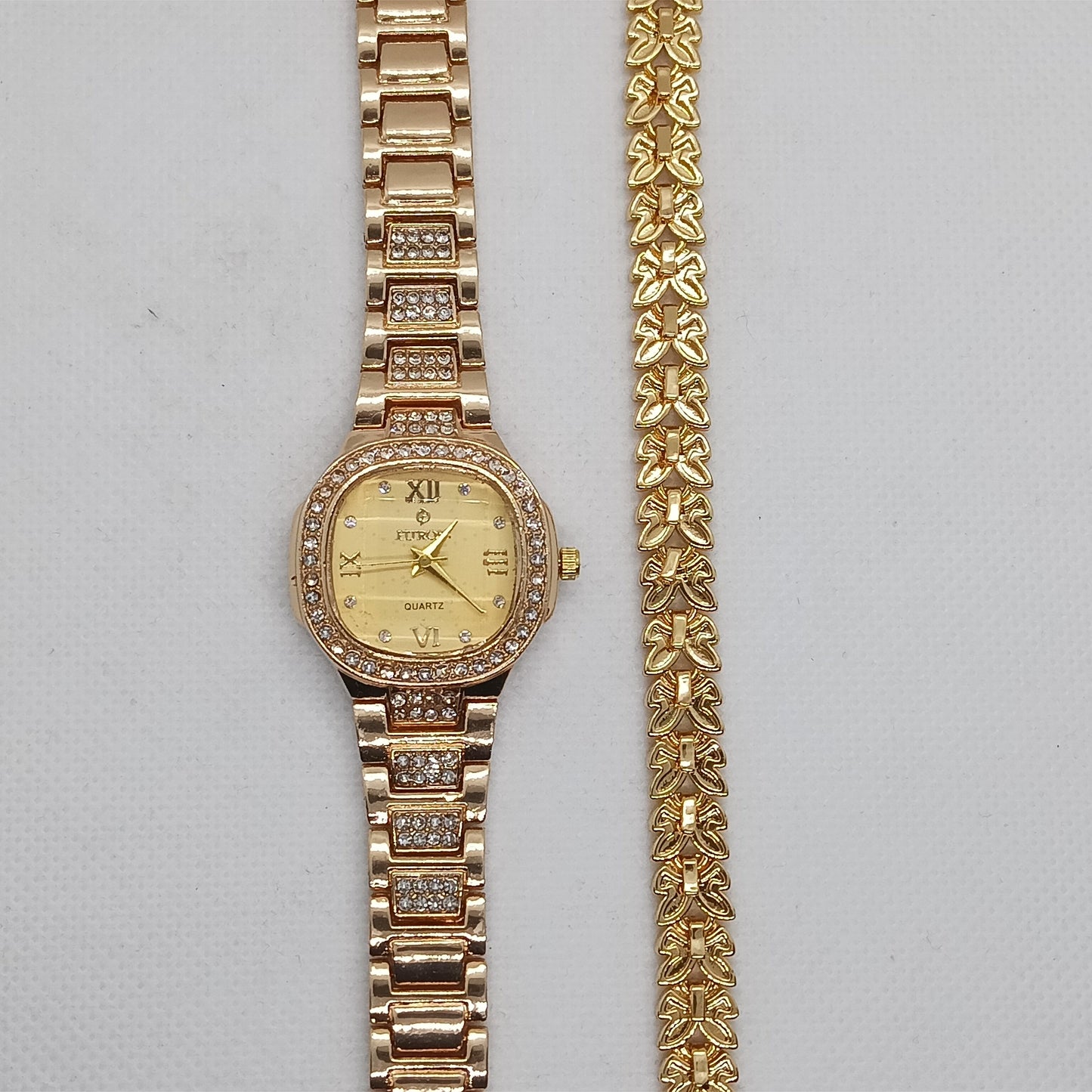 Gold Ladies Watch & Leaf Bracelet Set