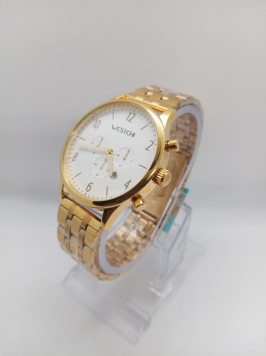 Gold Classic Chronograph Men’s Watch – Premium Stainless Steel, Date Feature, Water Resistant