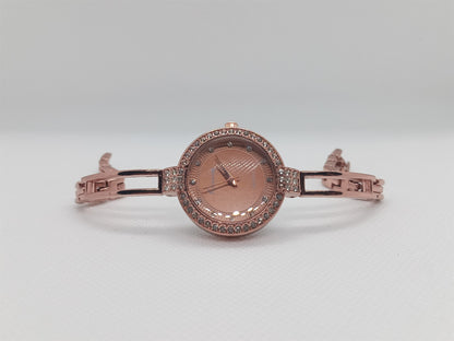 Elegant Grace Ladies Watch – Rose Bronze Bangle Bracelet, Crystal Bezel, Modern Chic Dial