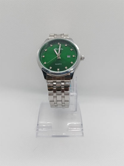 Green Luxury Dial Men’s Watch – Silver Stainless Steel Chain, Date Display, Water Resistant