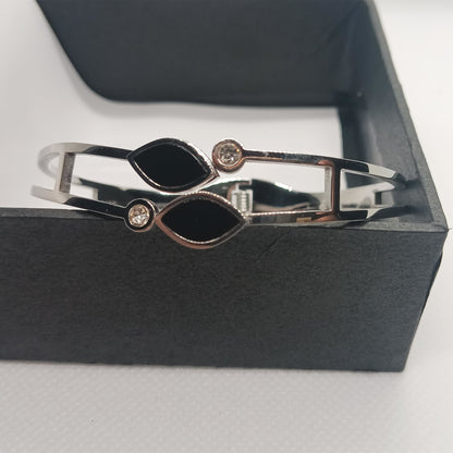 Silver Dual Leaf Black Stone Stainless Steel Bracelet for Women