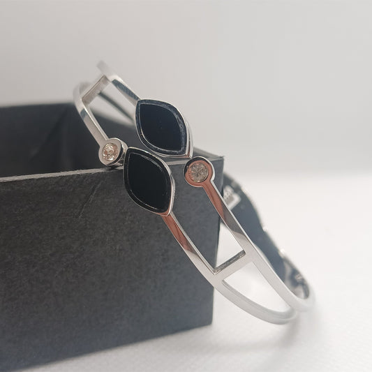 Silver Dual Leaf Black Stone Stainless Steel Bracelet for Women