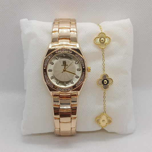 Gold Ladies Watch & Floral Chain Bracelet Set
