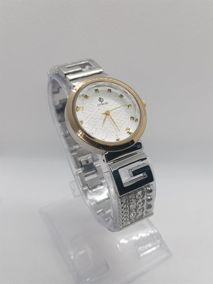 Elegant Grace Ladies Watch – Silver Chain, Textured Dial, Crystal Markers