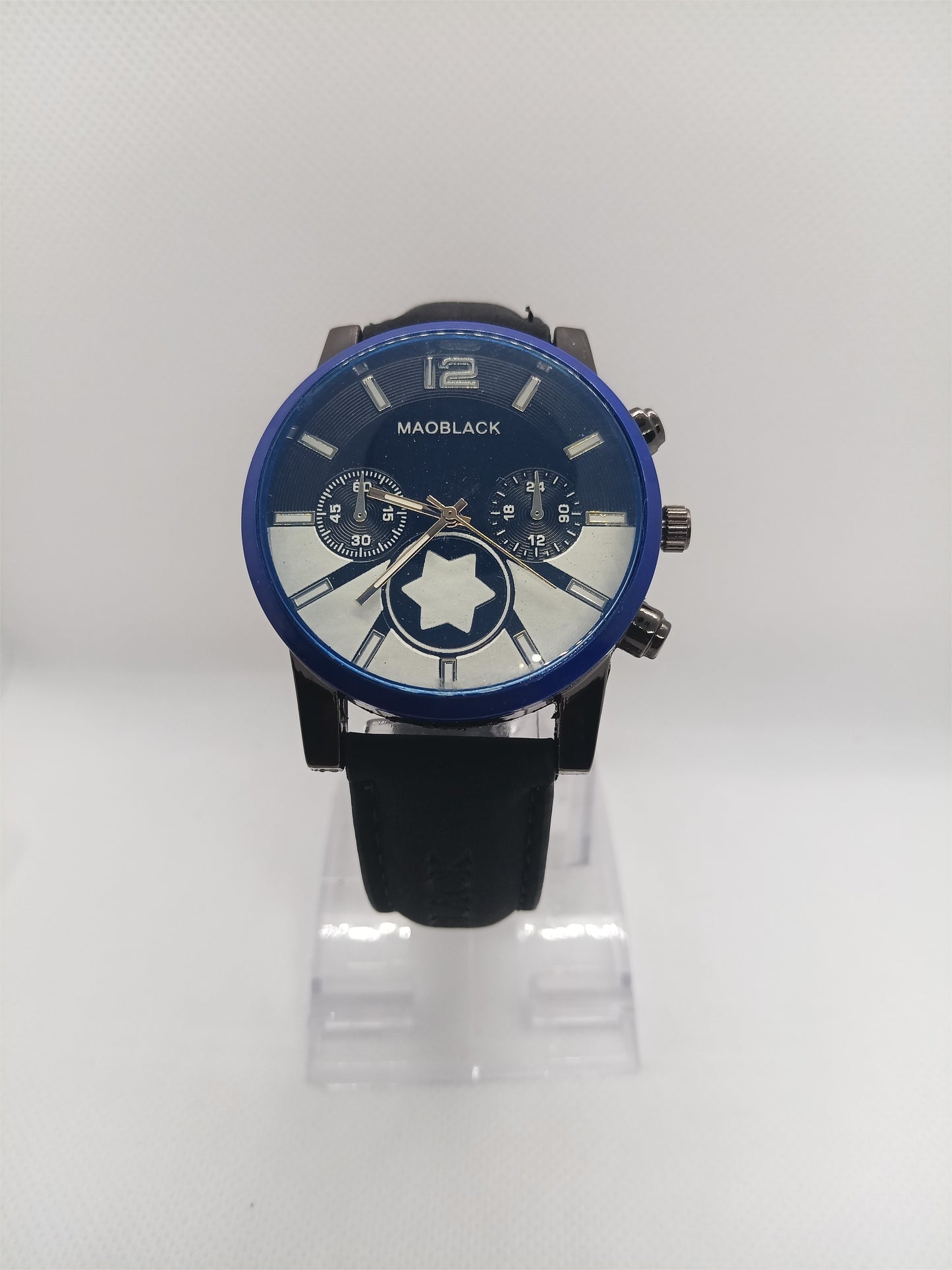 Blue Dial Men’s Leather Watch – MAOBLACK Oversized Heavy Dial, Black Leather Strap
