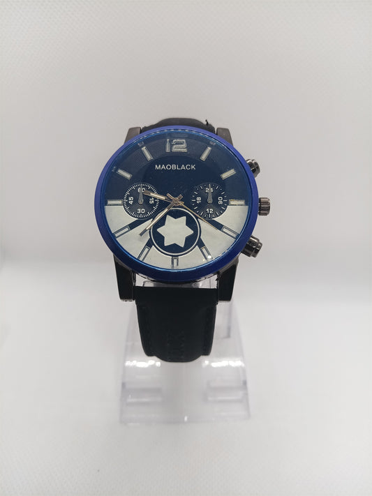 Blue Dial Men’s Leather Watch – MAOBLACK Oversized Heavy Dial, Black Leather Strap