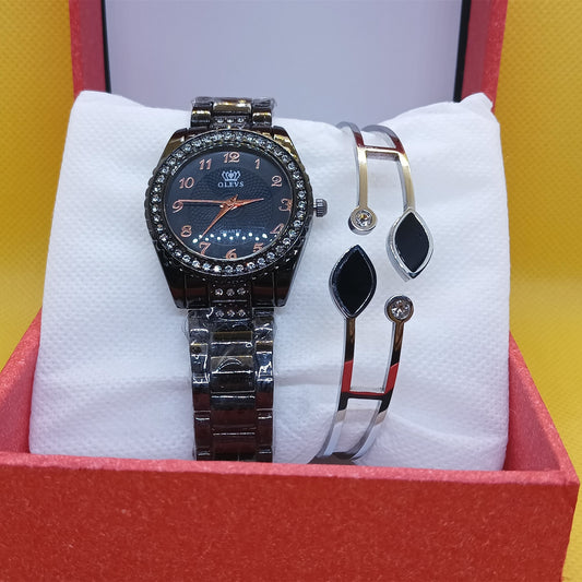 Black Elegance Set – Crystal Bezel Watch & Silver Leaf Bracelet