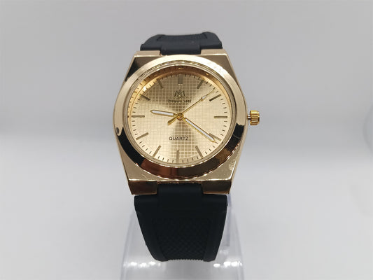 Golden Dial Men’s Watch – Black Rubber Strap, Water Resistant, Premium Build