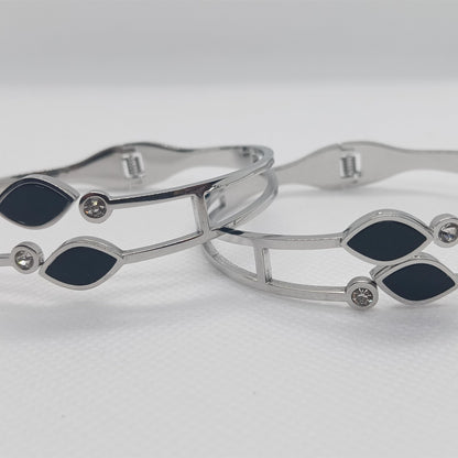 Silver Dual Leaf Black Stone Stainless Steel Bracelet for Women