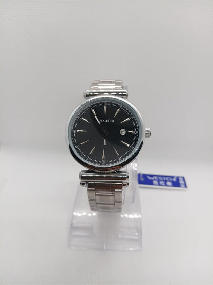 Elegant Black Dial Men’s Watch – Silver Stainless Steel Chain, Date Feature, Water Resistant