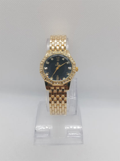 Midnight Grace Ladies Watch – Gold Bracelet, Black Dial, Crystal Bezel