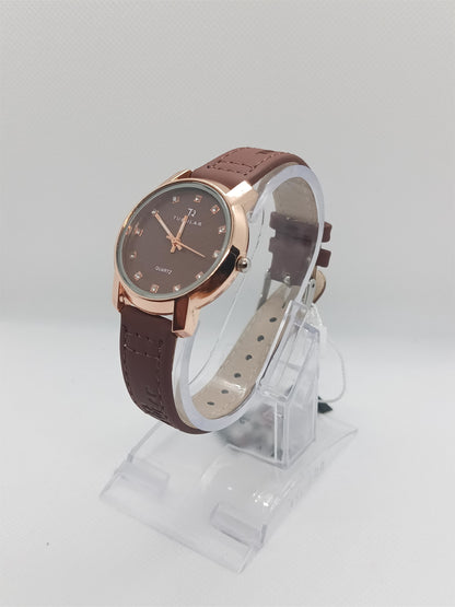 Brown Elegance Ladies Watch – Rose Gold Dial, Leather Strap, Premium Design