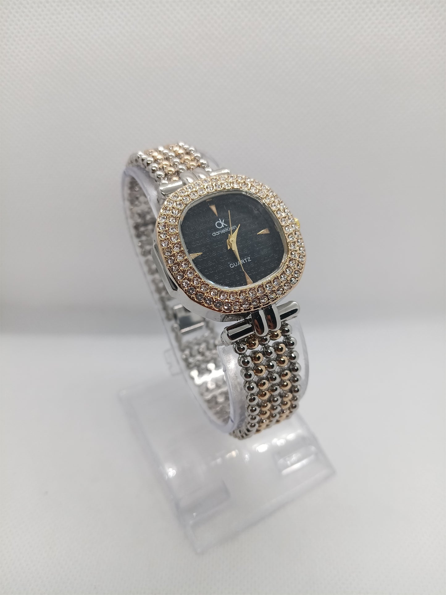 Luxury Black Crystal Frame with Golden Mesh Strap
