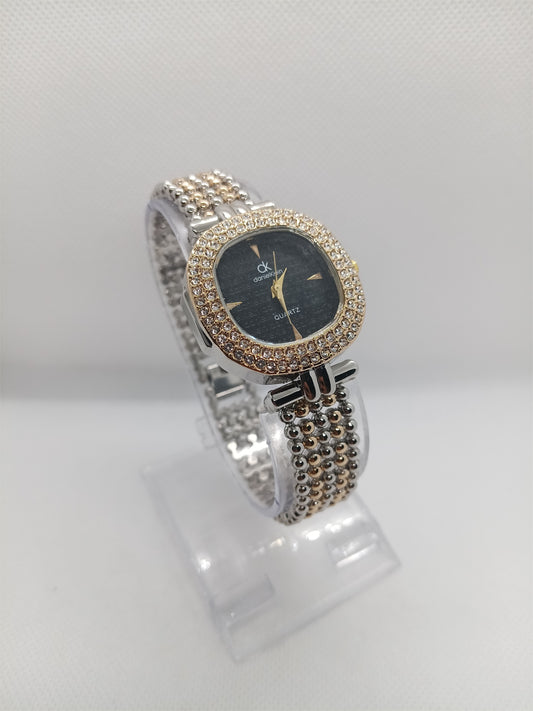 Luxury Black Crystal Frame with Golden Mesh Strap