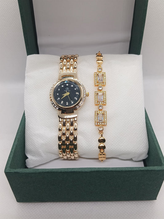 Gold Ladies Watch & Luxury Stone Bracelet Set