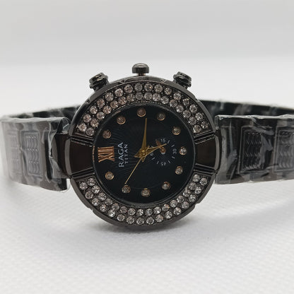 Black watch with decorative band on a white background