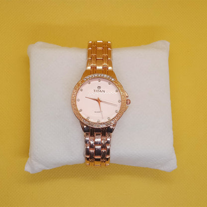 Titan Rose Gold Ladies Watch – Elegant Crystal Bezel Design