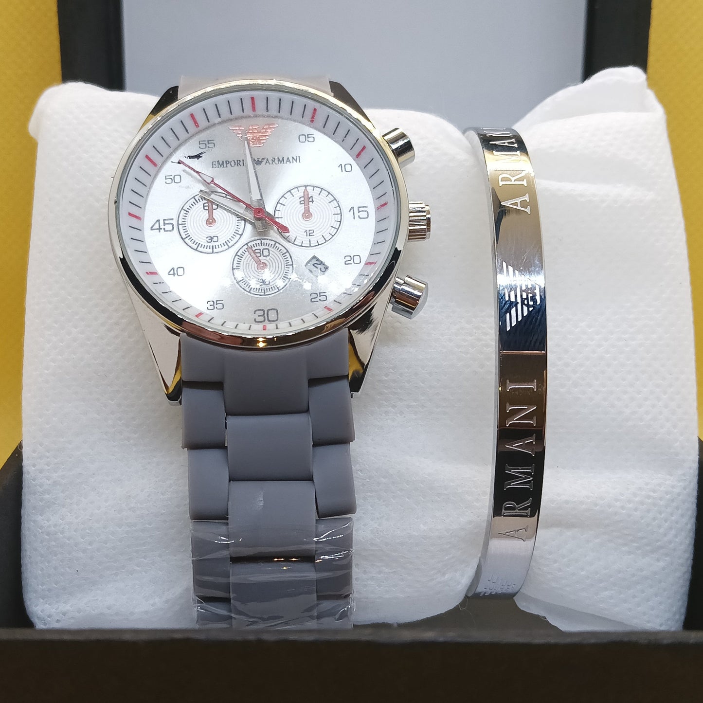 Armani Signature Set – Silver Chronograph Watch & Engraved Bracelet