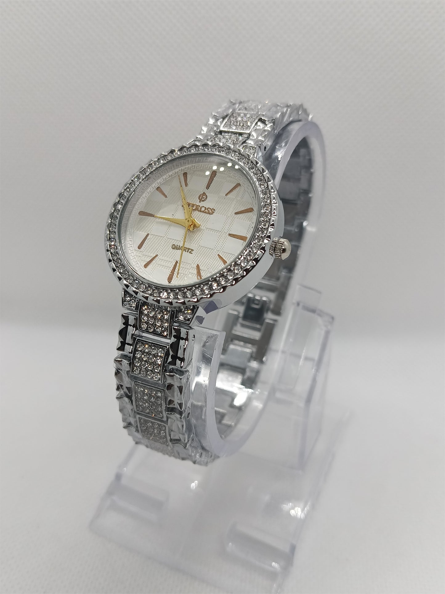 Silver Crystal Bezel with Diamond-Pattern Strap