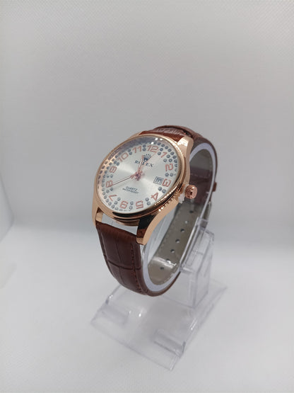 Premium White Dial Men’s Watch – Brown Leather Strap, Classic Luxury Design, Date Feature