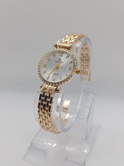 Crystal Luxe Ladies Watch – White Dial, Gold-Tone Stainless Steel Bracelet, Crystal Bezel