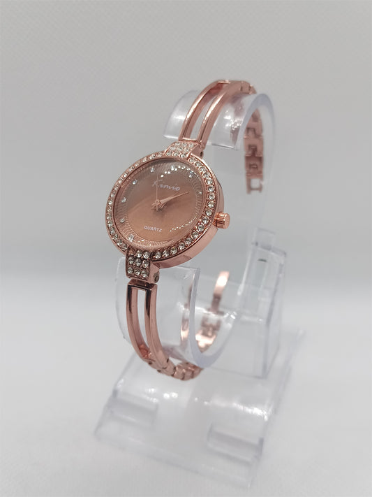 Elegant Grace Ladies Watch – Rose Bronze Bangle Bracelet, Crystal Bezel, Modern Chic Dial