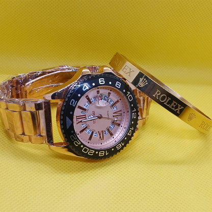 Gold Prestige Set – GMT Roman Dial Watch & Rolex Inspired Bracelet