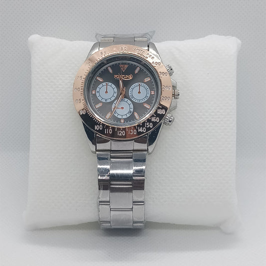 Apex Chronograph – Black Dial with Silver Strap & Rose Gold Bezel