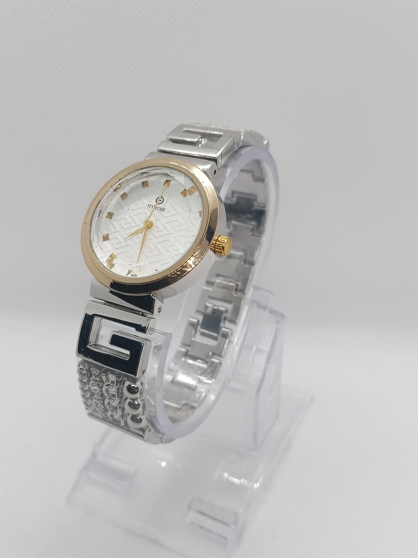 Elegant Grace Ladies Watch – Silver Chain, Textured Dial, Crystal Markers