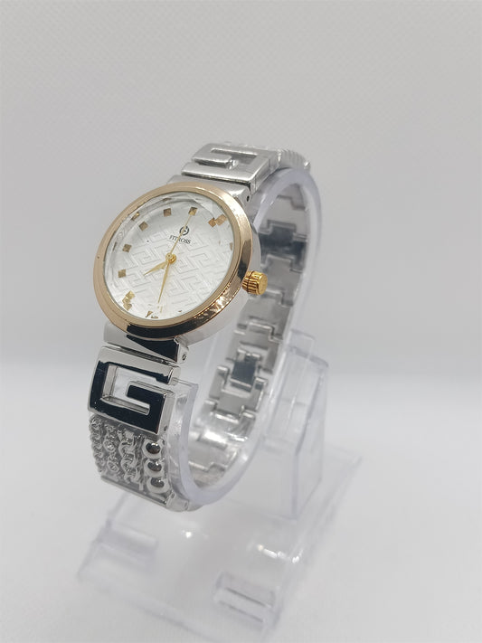Elegant Grace Ladies Watch – Silver Chain, Textured Dial, Crystal Markers