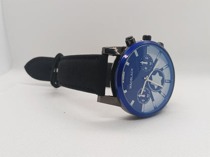 Blue Dial Men’s Leather Watch – MAOBLACK Oversized Heavy Dial, Black Leather Strap
