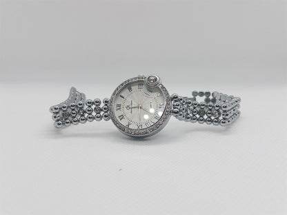 Pearl Radiance Ladies Watch – Silver Beaded Bracelet, Crystal Accent, Premium Classic Design
