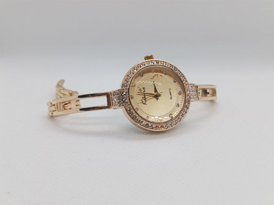 Elegant Grace Ladies Watch – Gold Bangle Bracelet, Crystal Bezel, Classic Minimal Dial