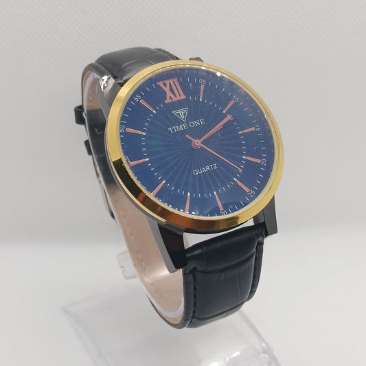 Wristwatch with blue dial and black strap on a white background
