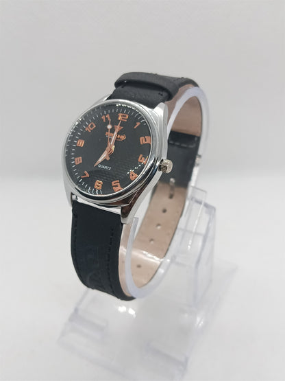 Black Ladies Watch – Black Dial with Copper Numbers (Silver Rim)