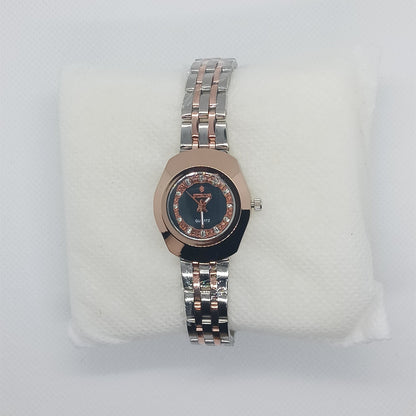 Modern Two-Tone Ladies’ Watch – Rose Gold Bezel & Black Dial