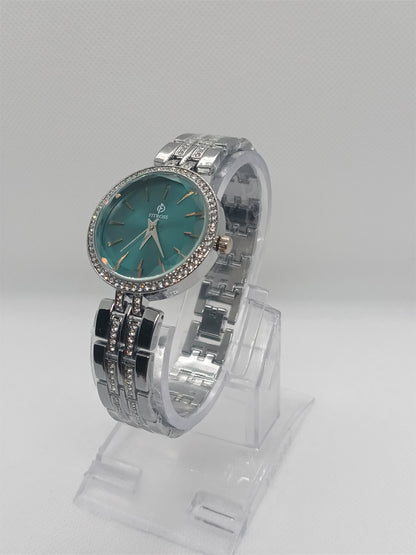 Elegant Silver Crystal Bracelet Watch – Aqua Dial