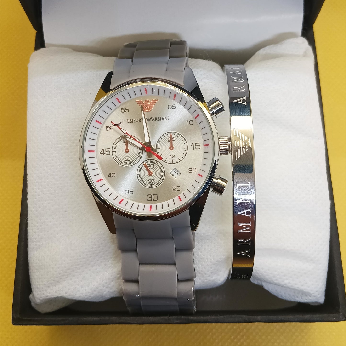 Armani Signature Set – Silver Chronograph Watch & Engraved Bracelet