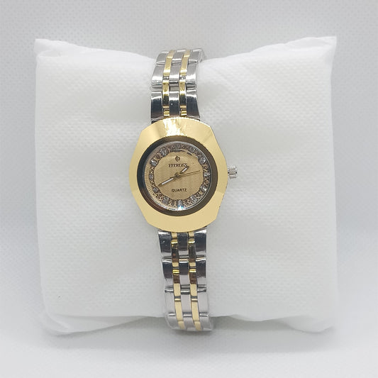 Elegant Two-Tone Ladies’ Watch – Gold Bezel & Champagne Dial