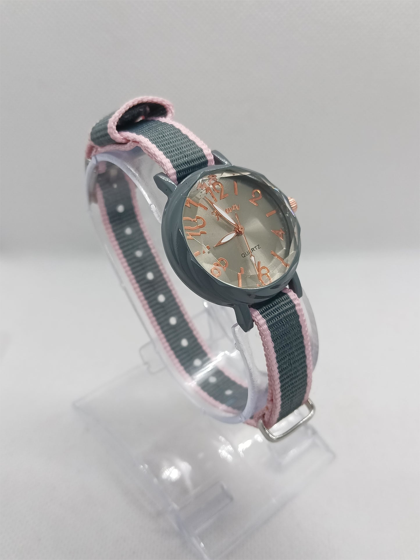 Ladies’ Grey Dial Fabric Strap Watch – Rose Accent Design