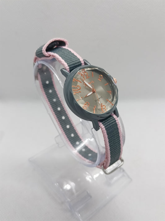 Ladies’ Grey Dial Fabric Strap Watch – Rose Accent Design