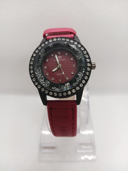 Red Dial Stone Bezel Ladies Fashion Watch