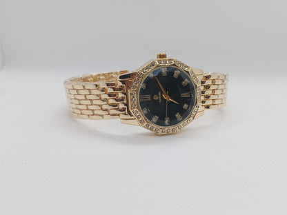 Midnight Grace Ladies Watch – Gold Bracelet, Black Dial, Crystal Bezel