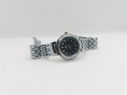 Ladies’ Silver Chain Watch with Black Dial