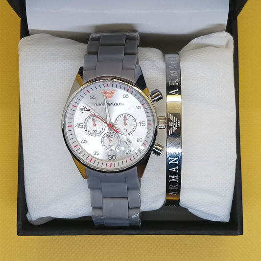 Armani Signature Set – Silver Chronograph Watch & Engraved Bracelet