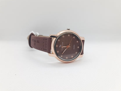Brown Elegance Ladies Watch – Rose Gold Dial, Leather Strap, Premium Design