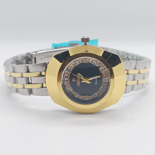 Classic Two-Tone Ladies’ Watch – Gold Bezel & Black Dial