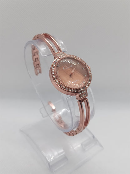 Elegant Grace Ladies Watch – Rose Bronze Bangle Bracelet, Crystal Bezel, Modern Chic Dial