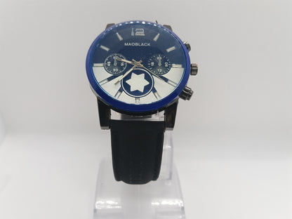 Blue Dial Men’s Leather Watch – MAOBLACK Oversized Heavy Dial, Black Leather Strap